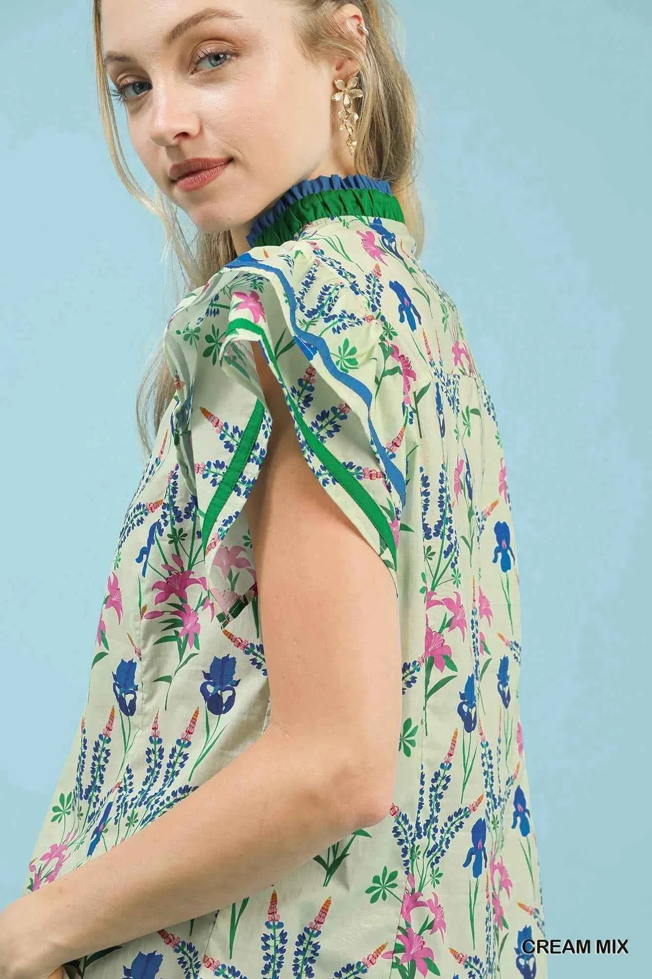 Umgee Mix Floral Print Blouse with Contrast Trim Trendsi