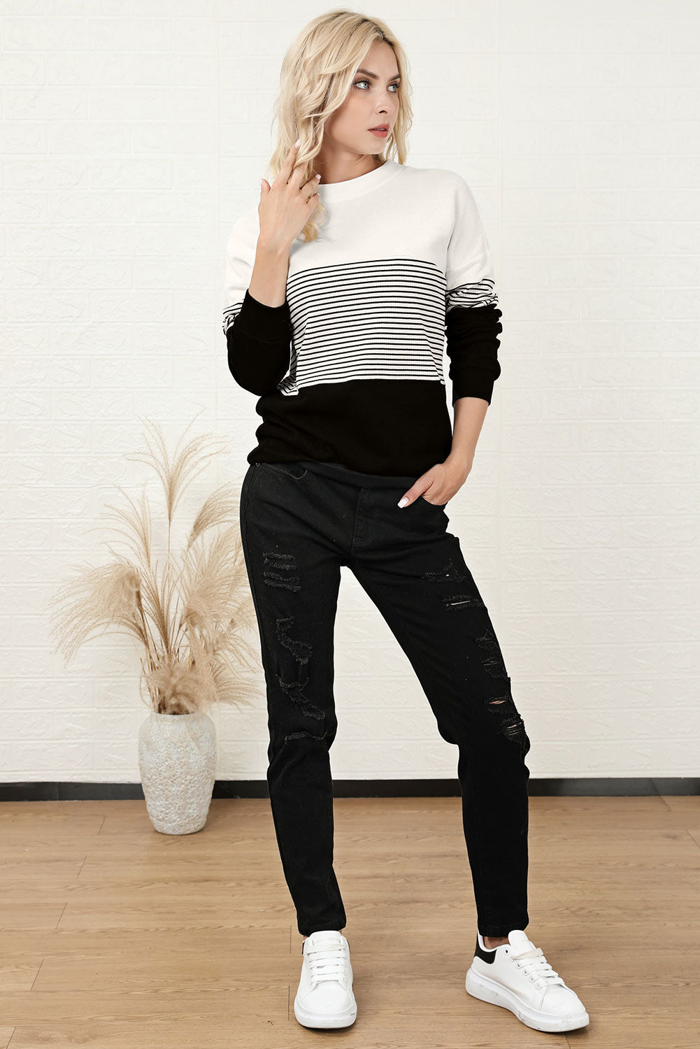 TEEK - Black Striped Color Block Long Sleeve Knit Top TOPS TEEK Trend