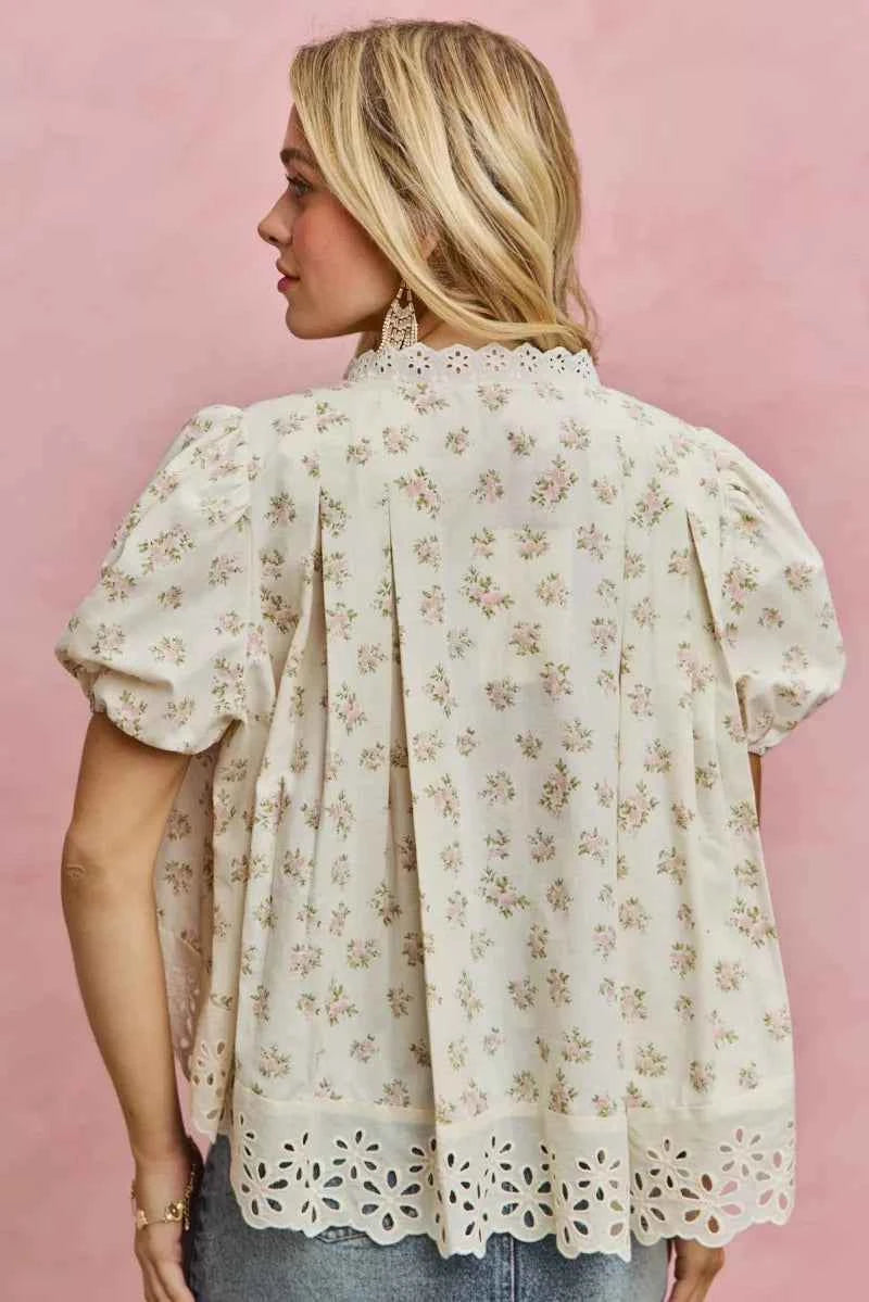TEEK - Floral Print Lace Trim Short Sleeves Blouse TOPS TEEK Trend