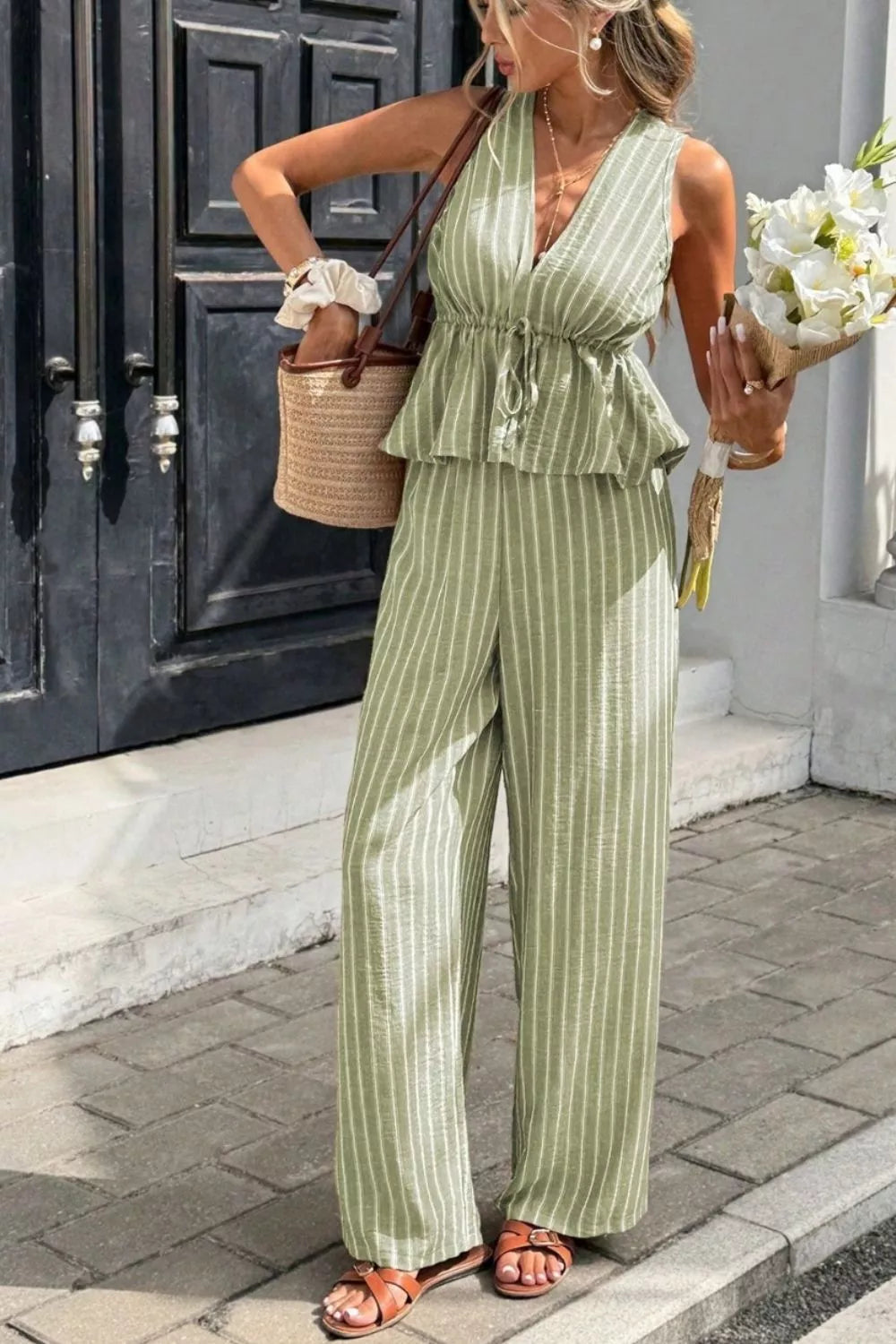 Striped Sleeveless Top and Wide Leg Pants Set Trendsi Sage S