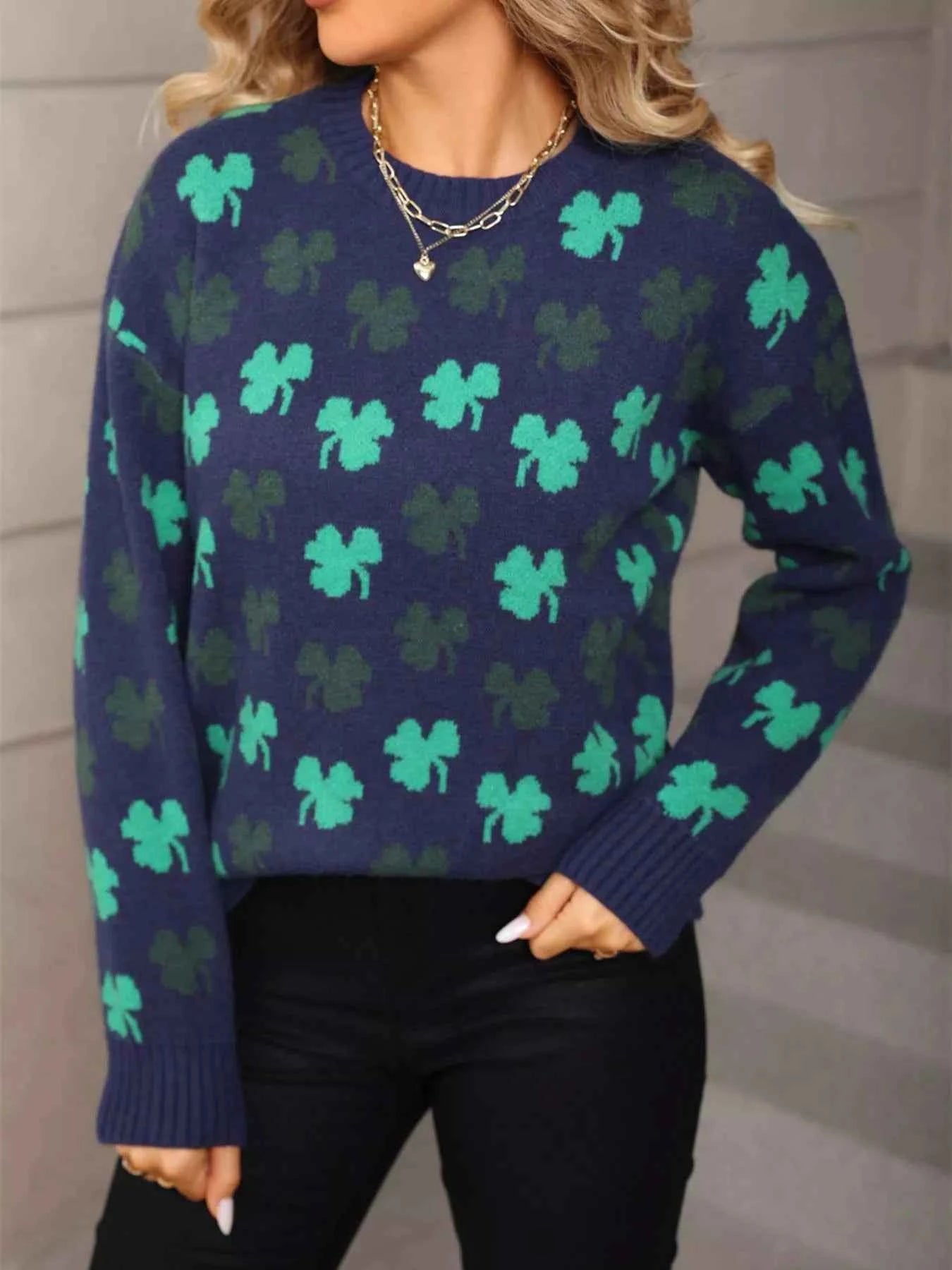 Lucky Clover Crew Neck Sweater Trendsi
