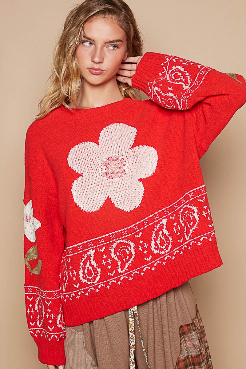 TEEK - Red Flower Lace Patch Long Sleeve Sweater TOPS TEEK Trend