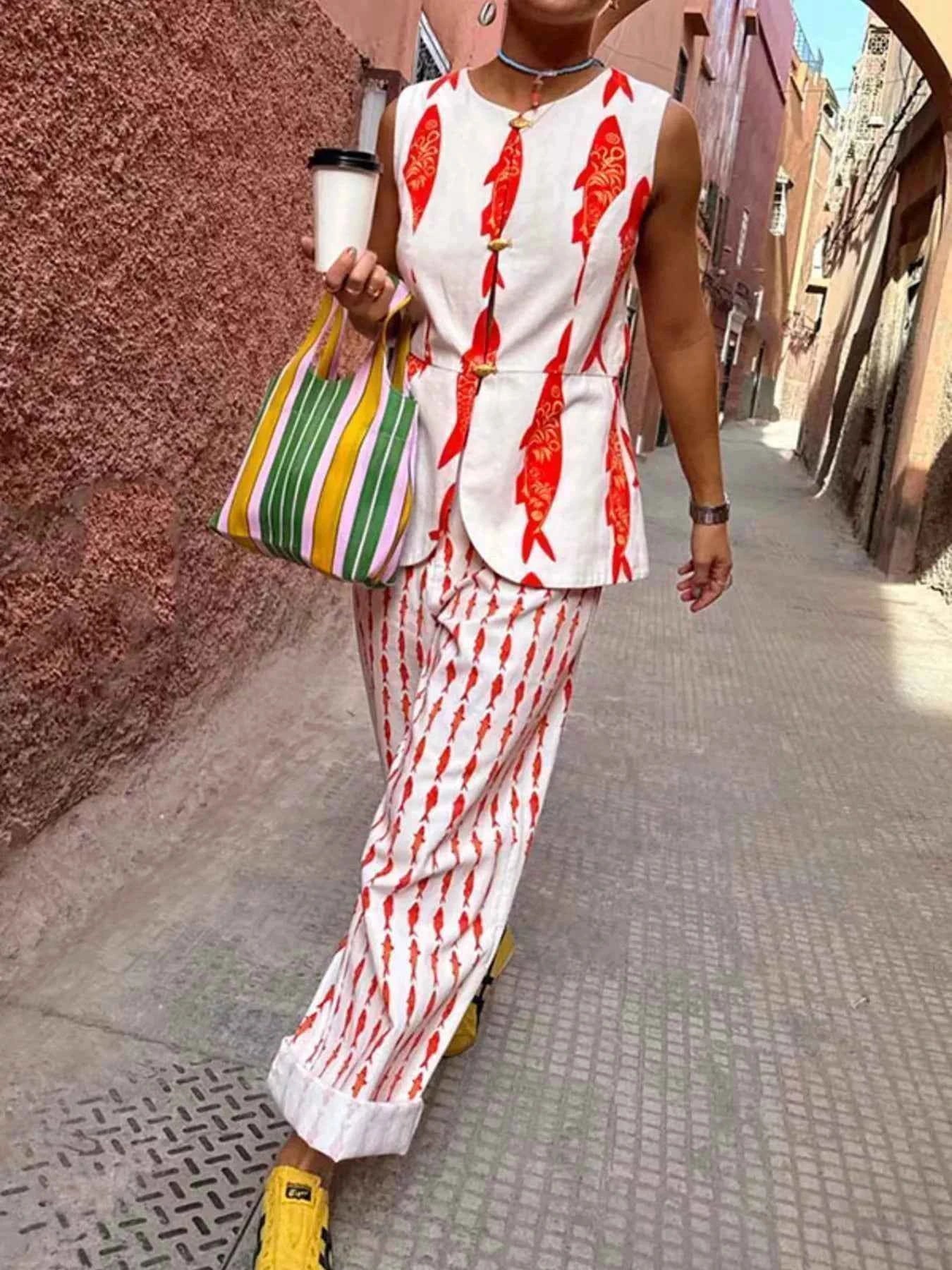 TEEK - Fish Print Sleeveless Top and Pants Set SET TEEK Trend