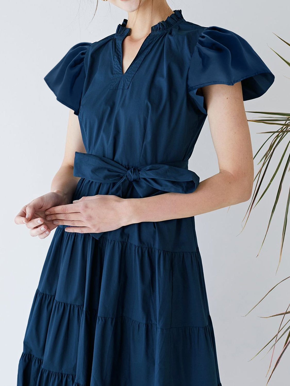 TEEK - Dark Blue Ruched Tiered Notched Short Sleeve Dress DRESS TEEK Trend   