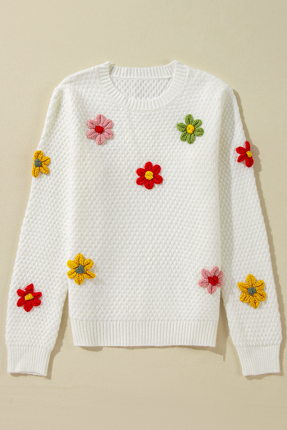 TEEK - White Crochet Flower Round Neck Long Sleeve Sweater TOPS TEEK Trend