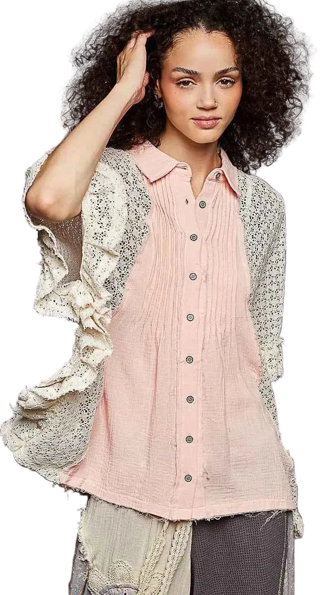 TEEK - Button Down Front Pleated Shirt with Crochet Patch TOPS TEEK Trend BABY PINK S