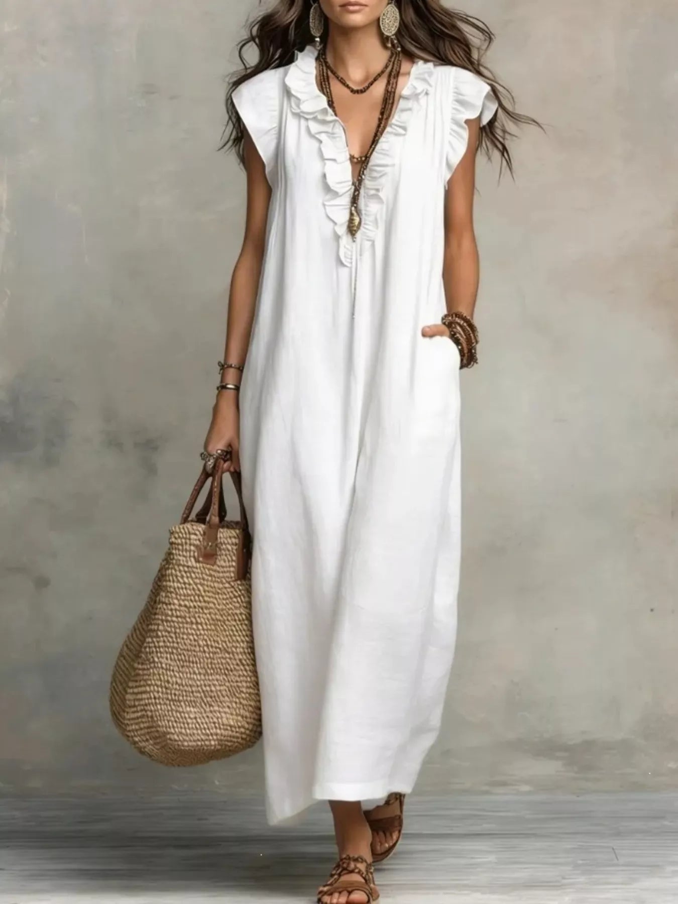 TEEK - Ruffled V-Neck Cap Sleeve Maxi Dress DRESS TEEK Trend White S