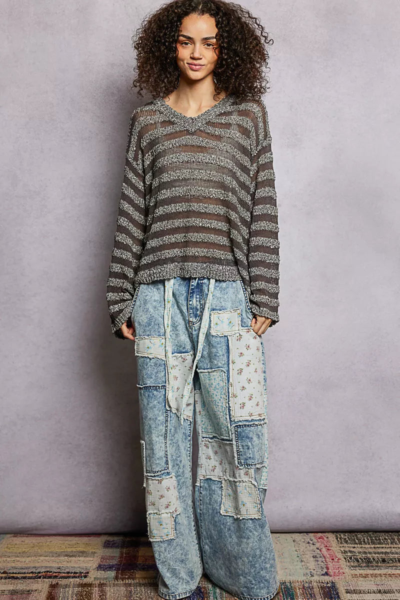 TEEK - Striped Pattern V-Neck Long Sleeve Knit Top TOPS TEEK Trend