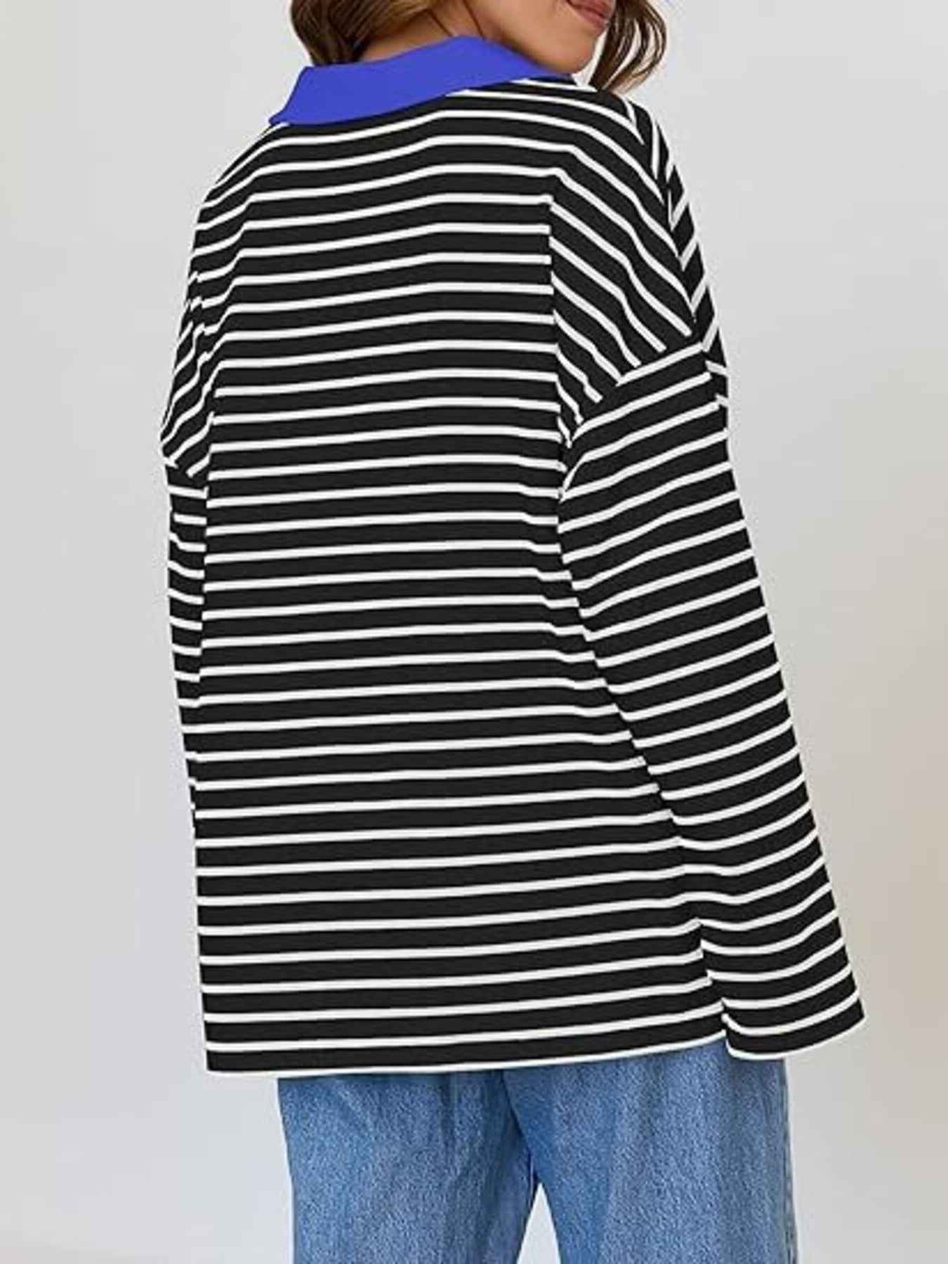 Striped Contrast Collar Long Sleeve Top Trendsi