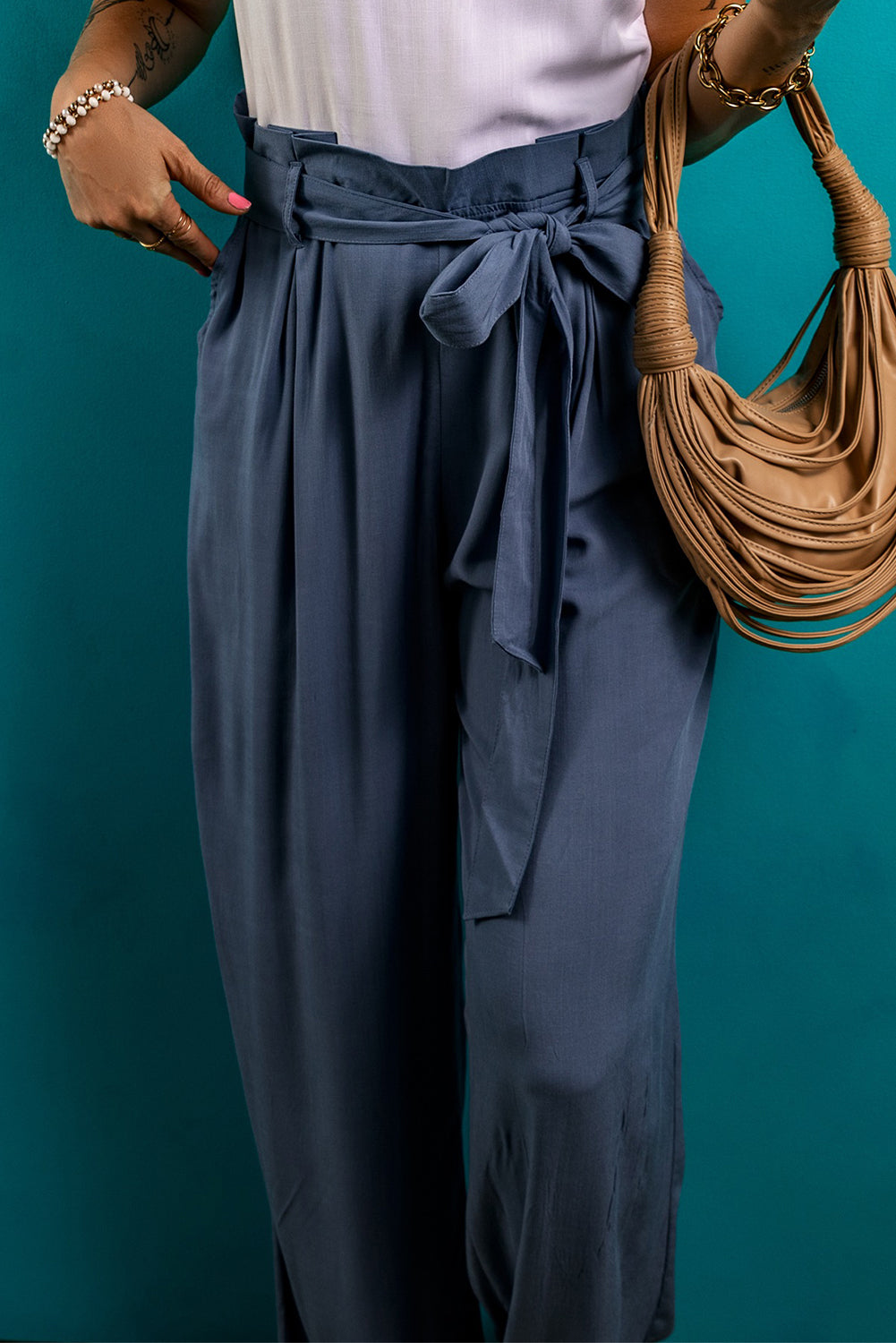 TEEK - Dusty Blue Tied Wide Leg Pocketed Pants PANTS TEEK Trend   