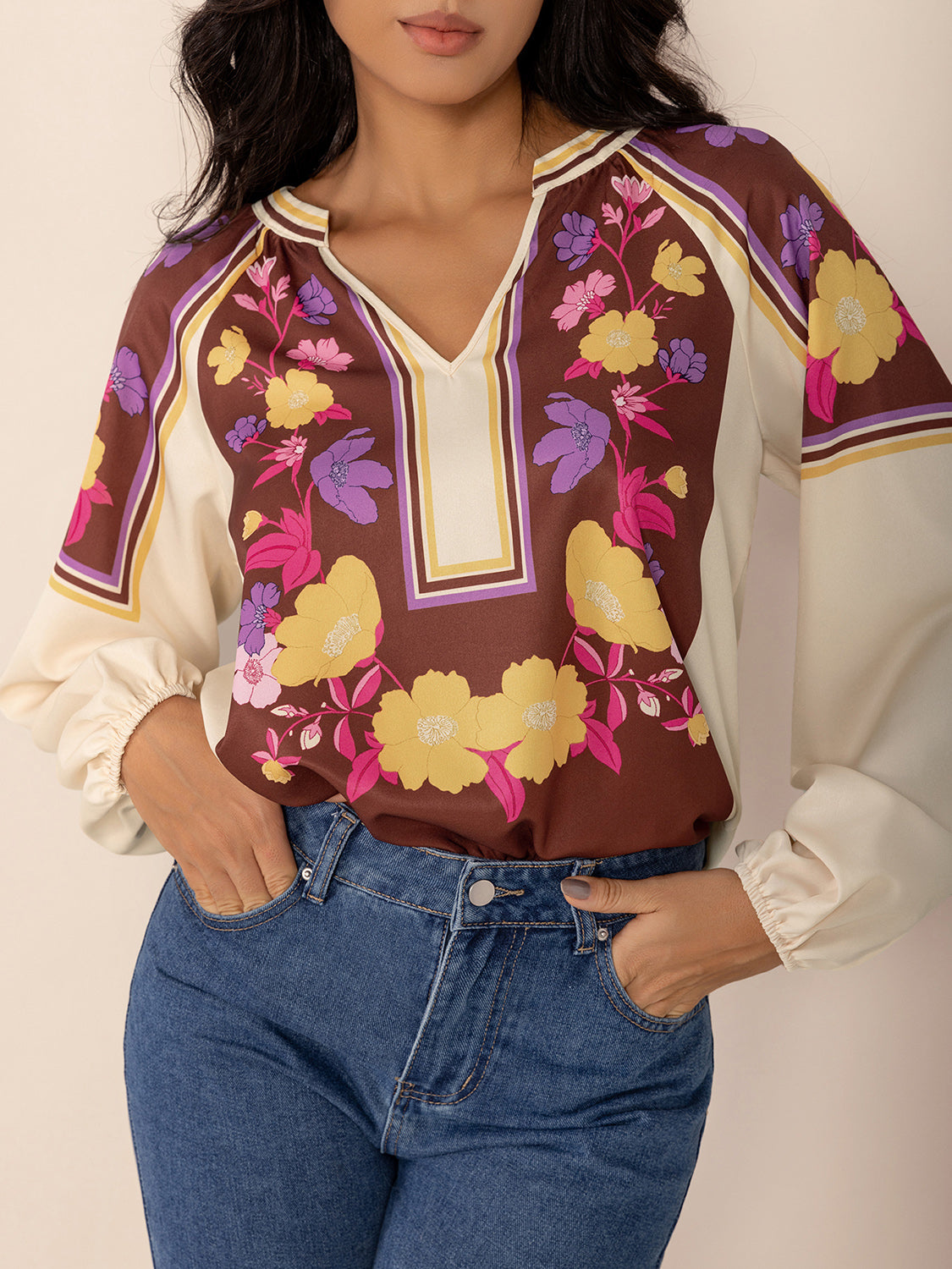 TEEK - Multicolor Printed Notched Long Sleeve Blouse TOPS TEEK Trend