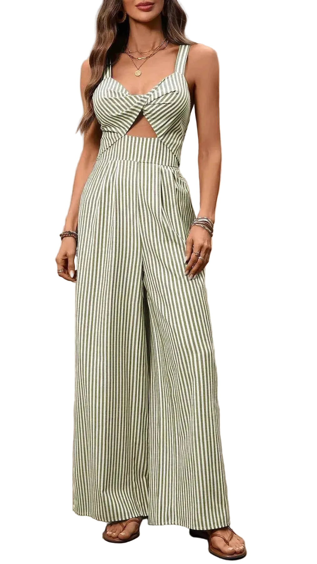 TEEK - Striped Cutout Twist Front Wide Leg Jumpsuit JUMPSUIT TEEK Trend Light Green S