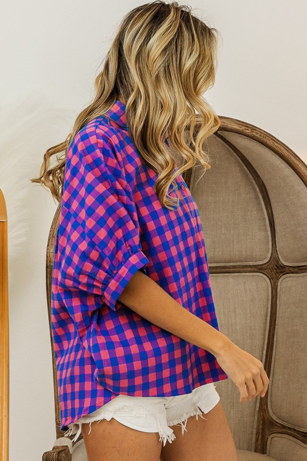 TEEK - Navy Pink Plaid Button Up Dolman Sleeve Shirt TOPS TEEK Trend   