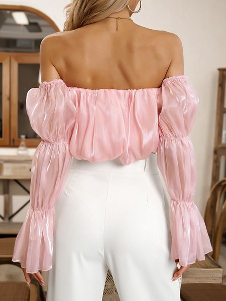 TEEK - Pink Off Shoulder Cropped Ruffled Bubble Sleeve Blouse TOPS TEEK W   