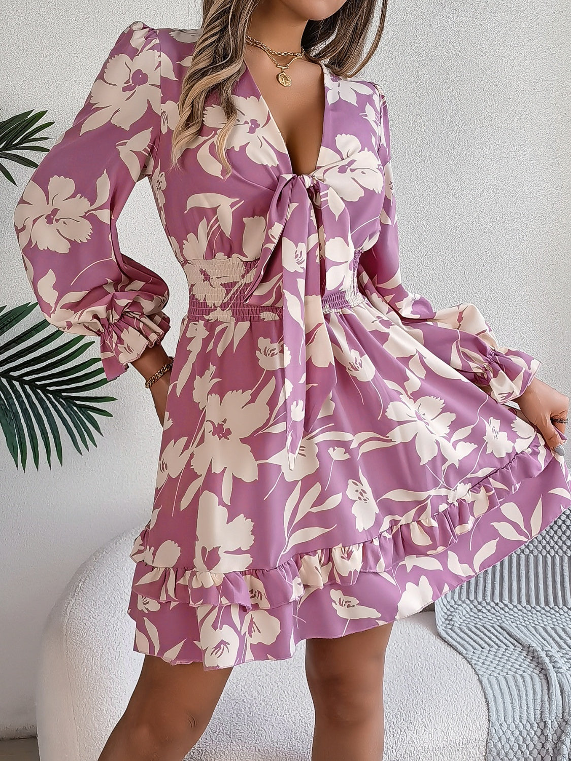 TEEK - Tied Ruffled Printed Long Sleeve Dress DRESS TEEK Trend   