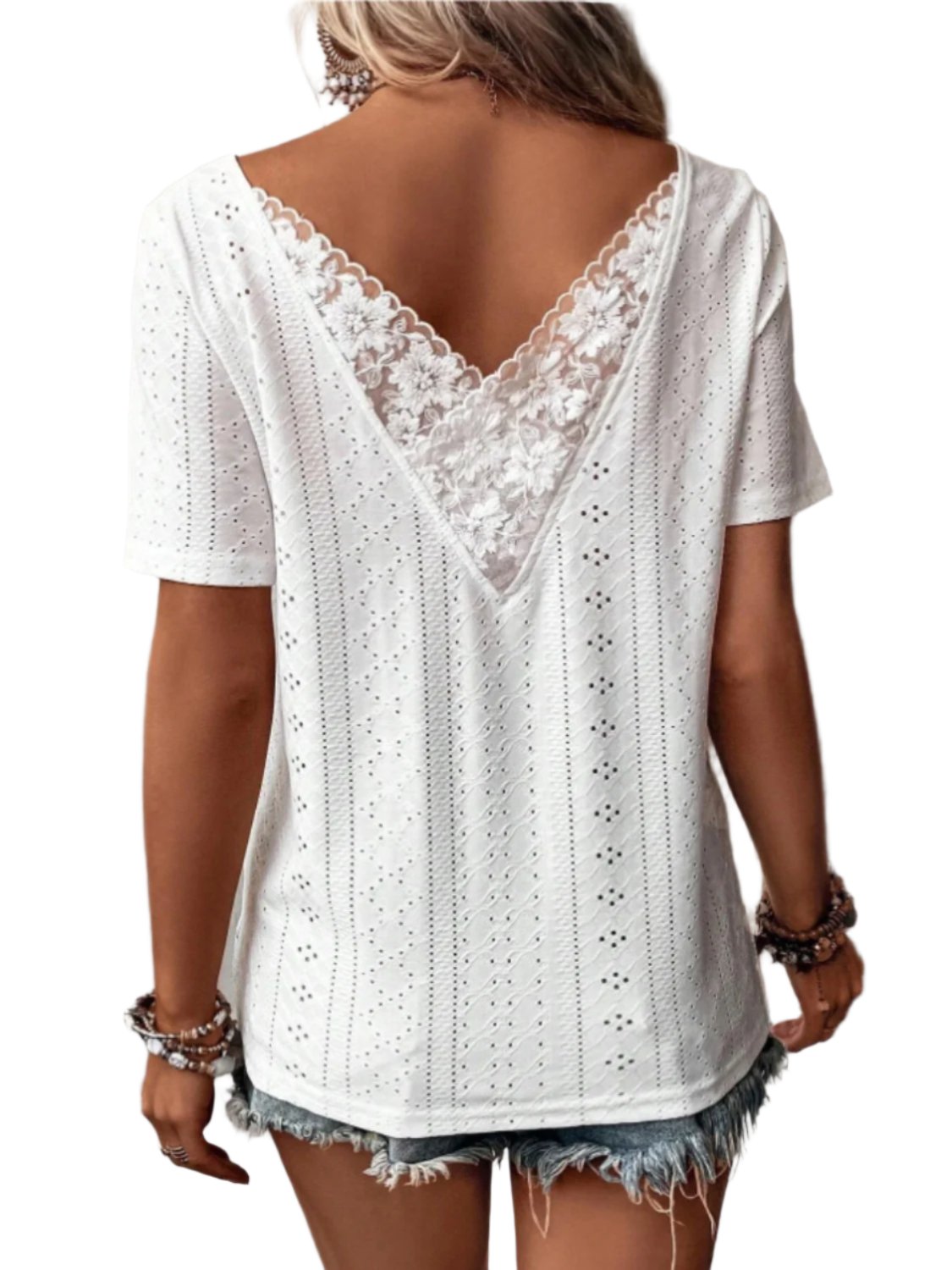 TEEK - White Lace Detail Eyelet Short Sleeve Blouse TOPS TEEK Trend S  