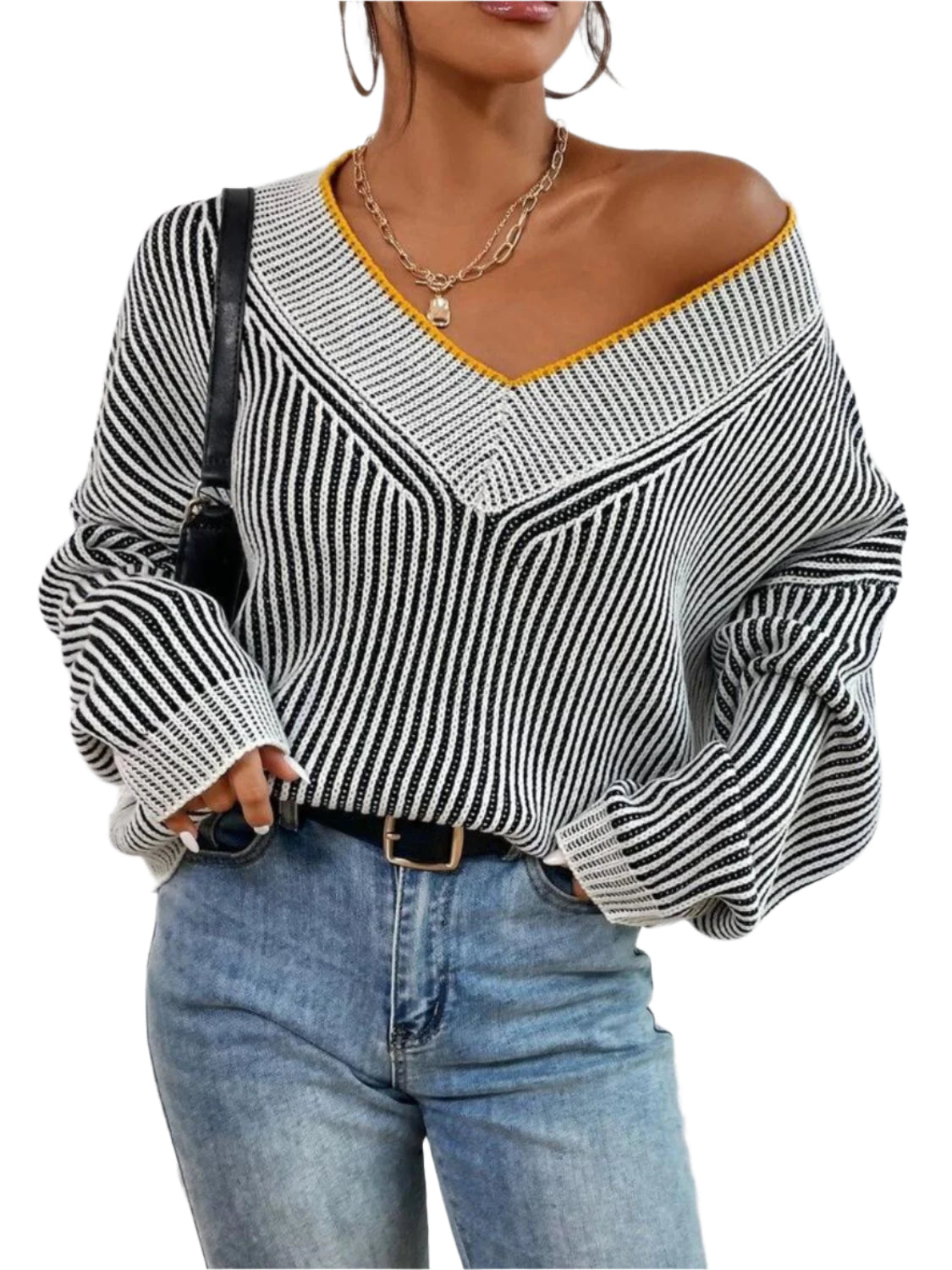 TEEK - Striped V-Neck Long Sleeve Sweater TOPS TEEK Trend Black One Size