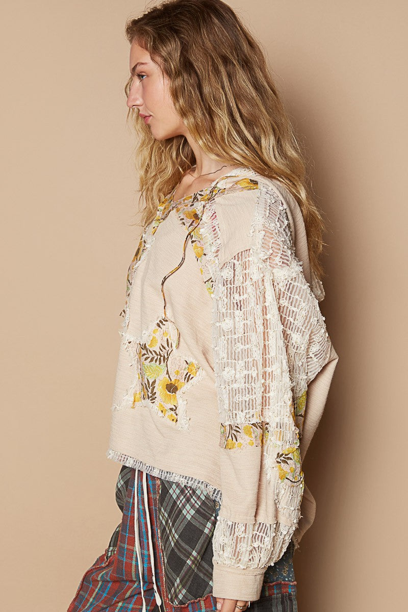 TEEK - Beige Multi Patch Lace Long Sleeve Hooded Top TOPS TEEK Trend