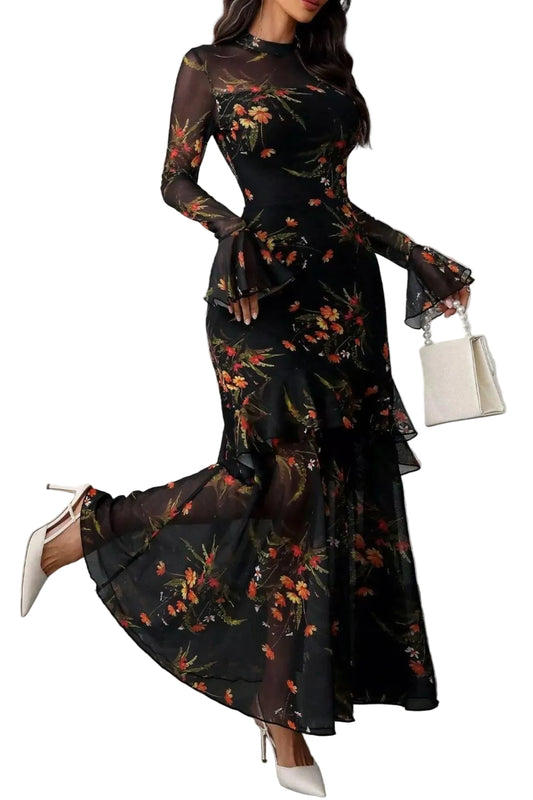 TEEK - Floral Print Flounce Sleeve Mermaid Maxi Dress DRESS TEEK Trend Black S