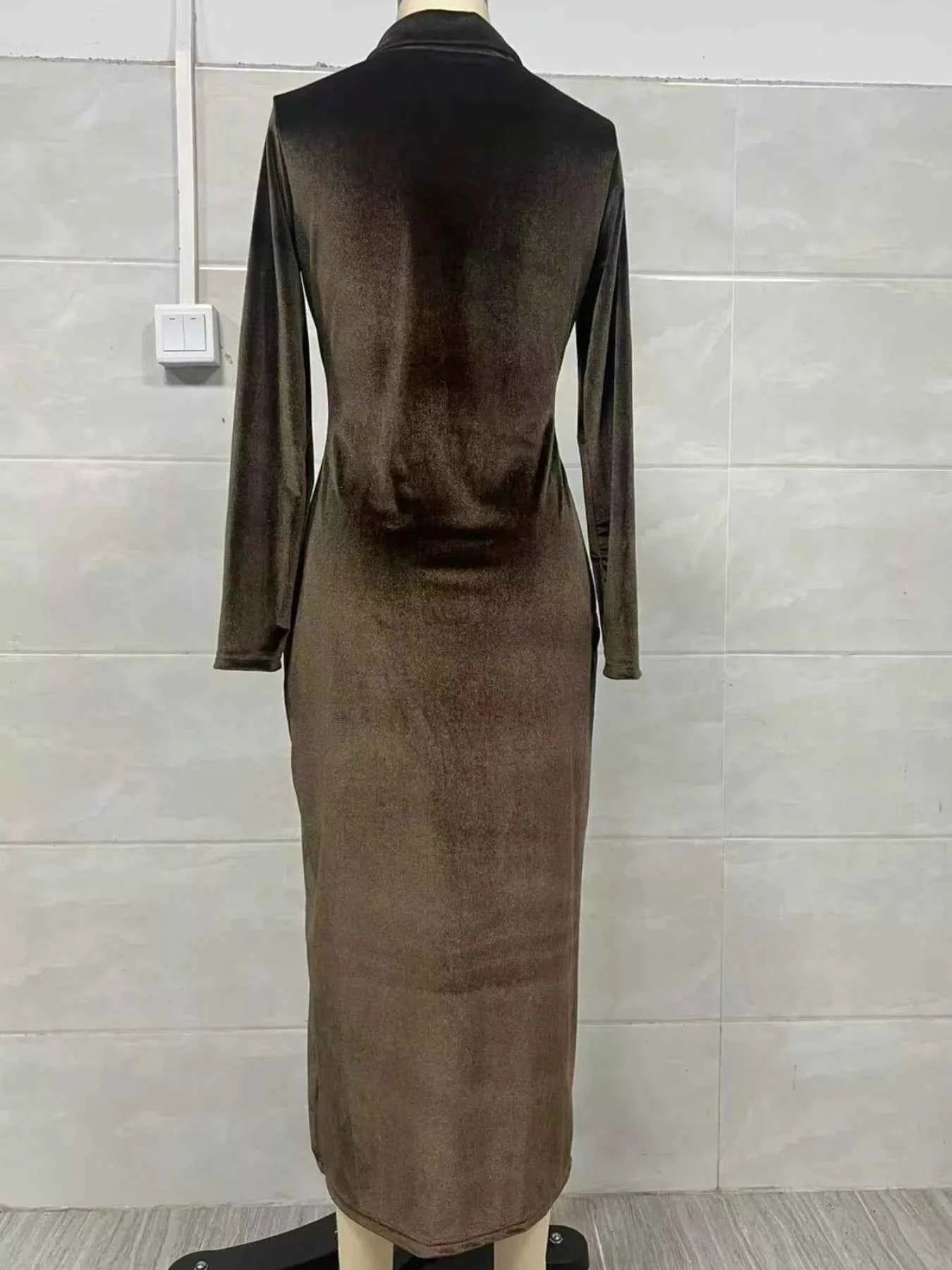 Velvet Zip-Front Slit Midi Dress Trendsi