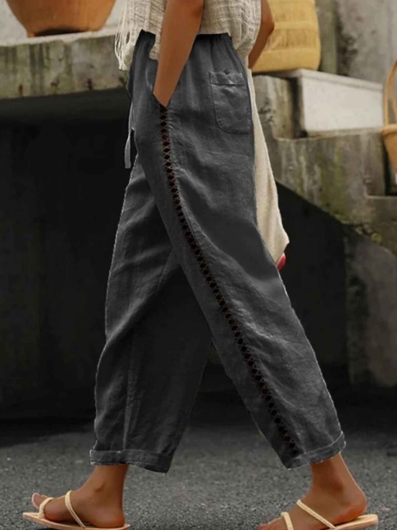 Hollow Out Trim Cropped Pants Trendsi Dark Gray S