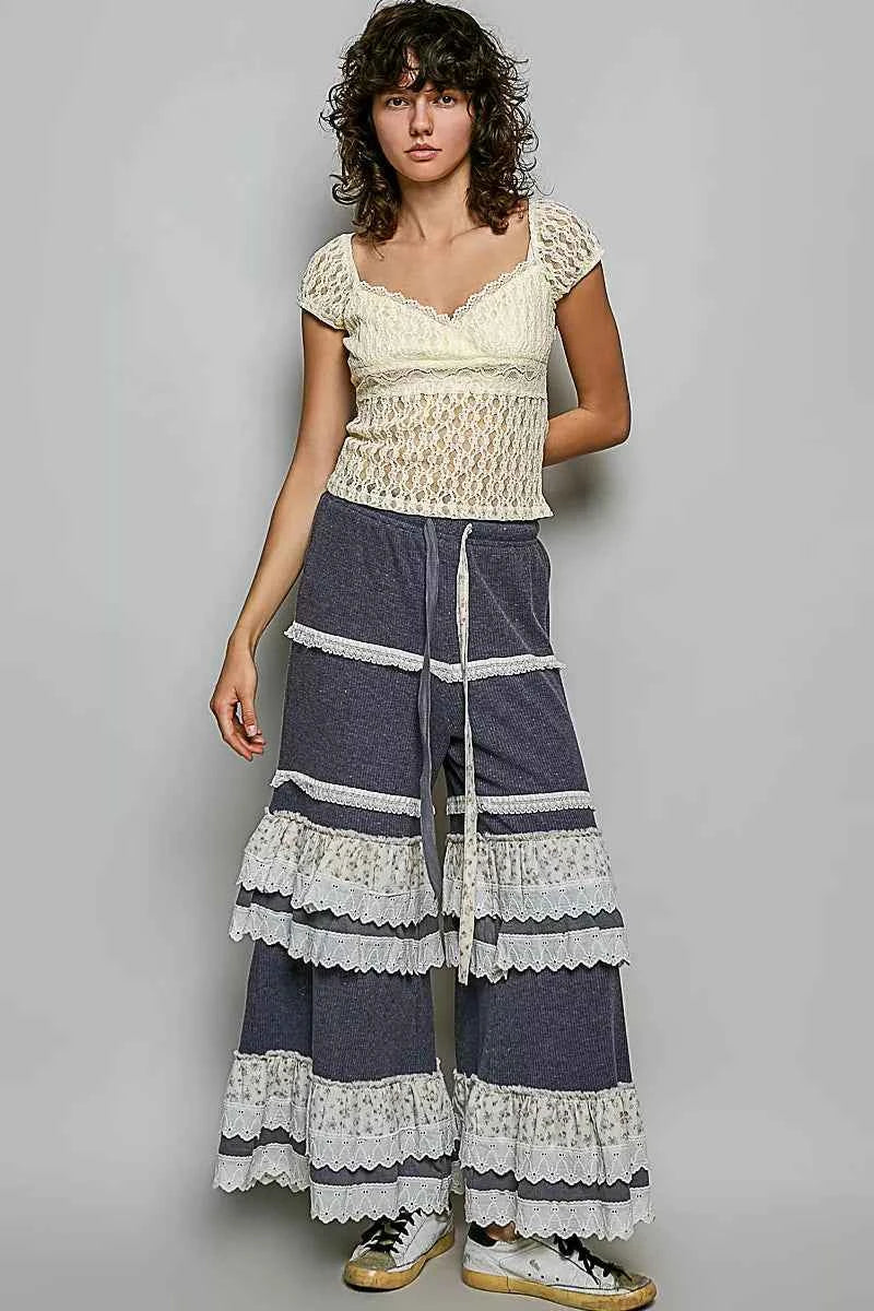 POL Sweetheart Neck Lace Short Sleeve Top Trendsi
