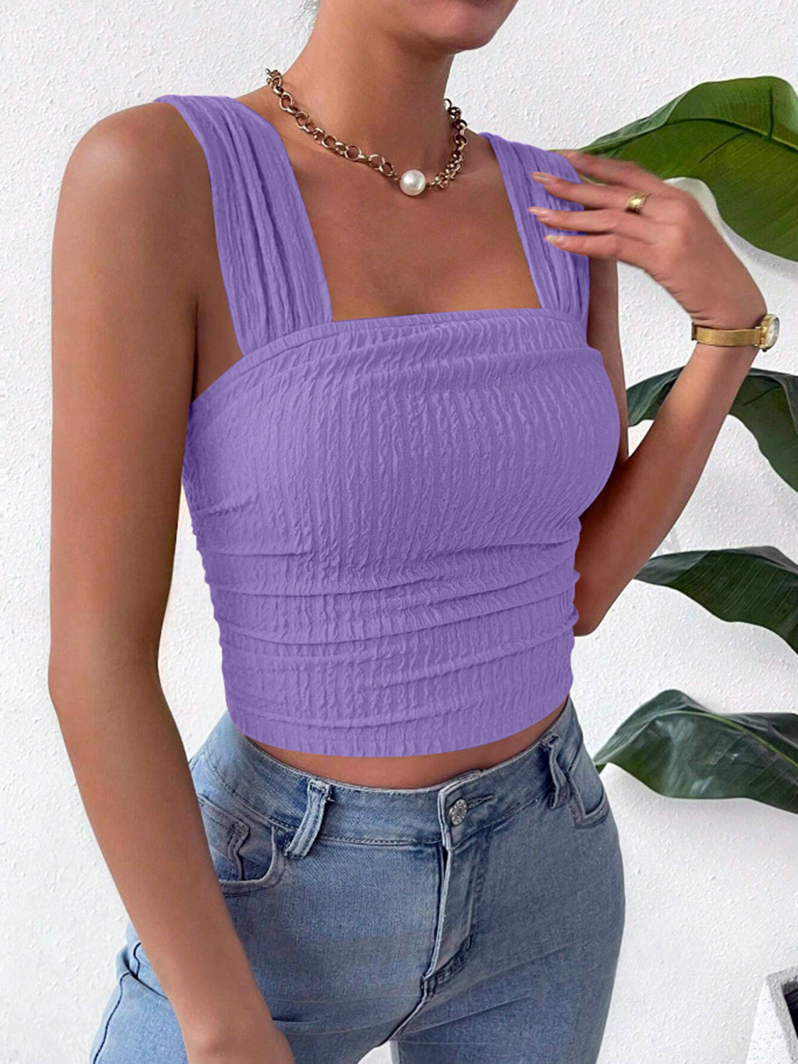 TEEK - Textured Square Neck Wide Strap Tank TOPS TEEK Trend Lavender S 