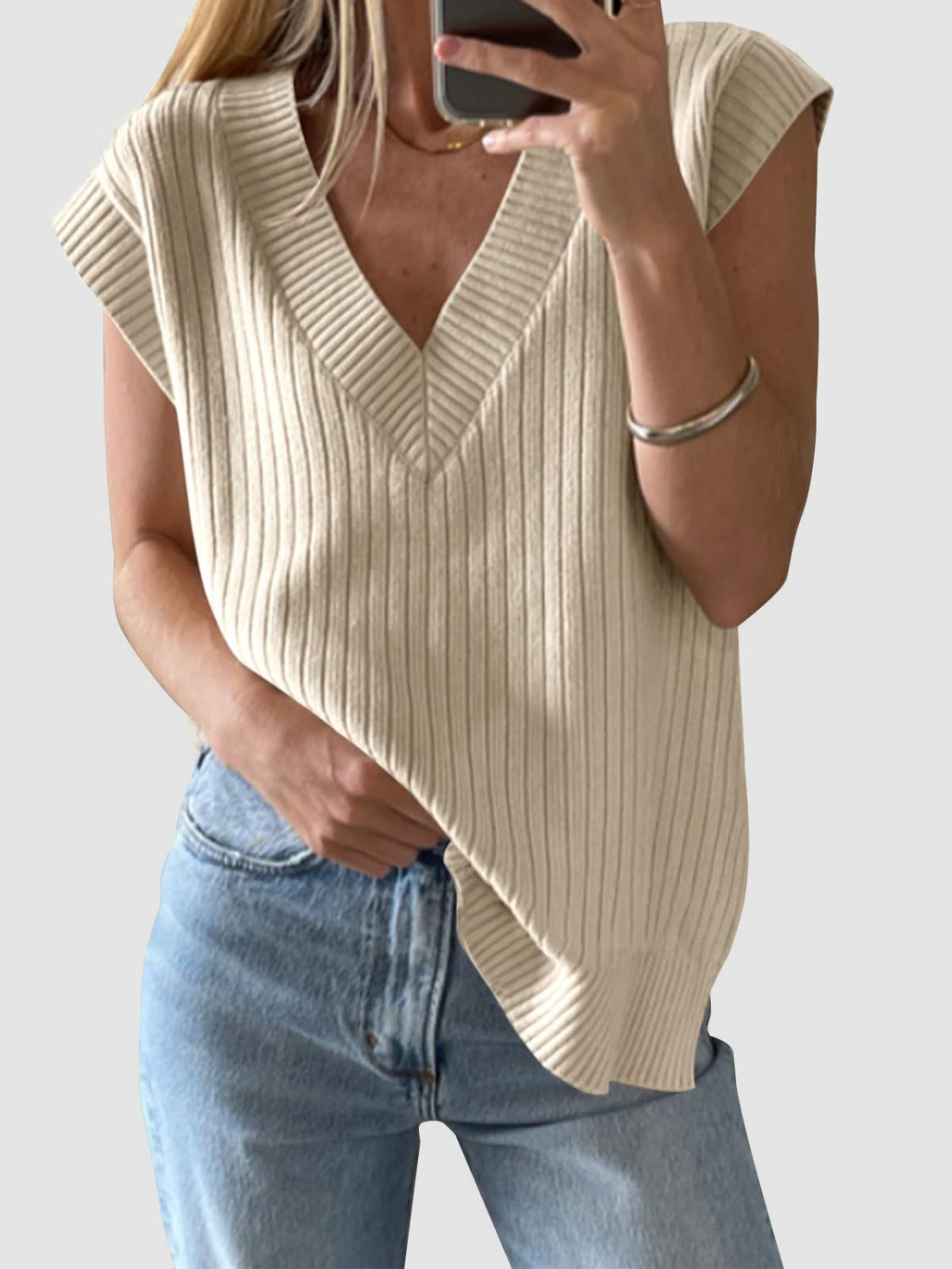 TEEK - Mandy Ribbed V-Neck Sweater Vest TOPS TEEK Trend Tan S