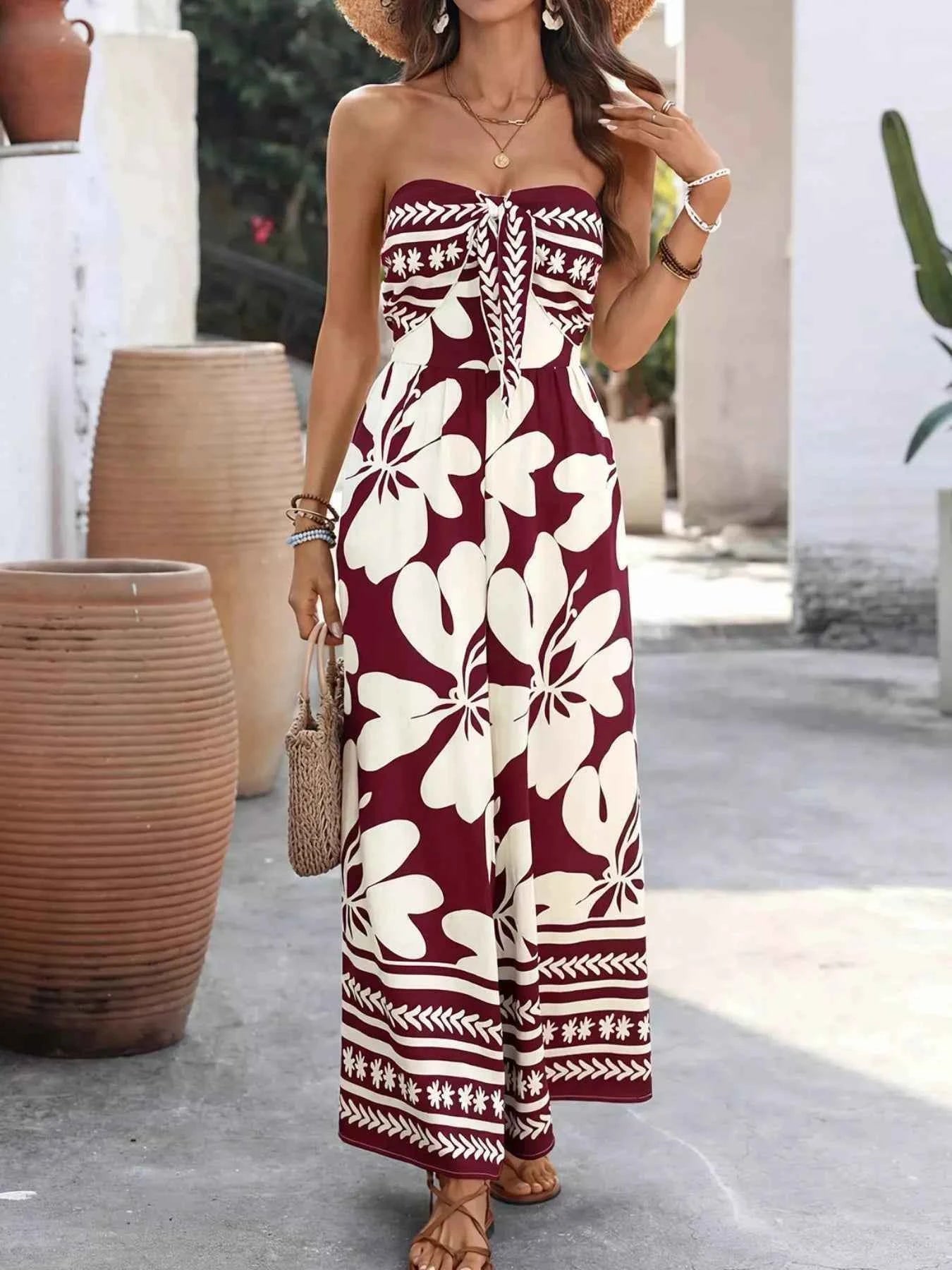 TEEK - Floral Print Tie Front Strapless Wide Leg Jumpsuit JUMPSUIT TEEK Trend