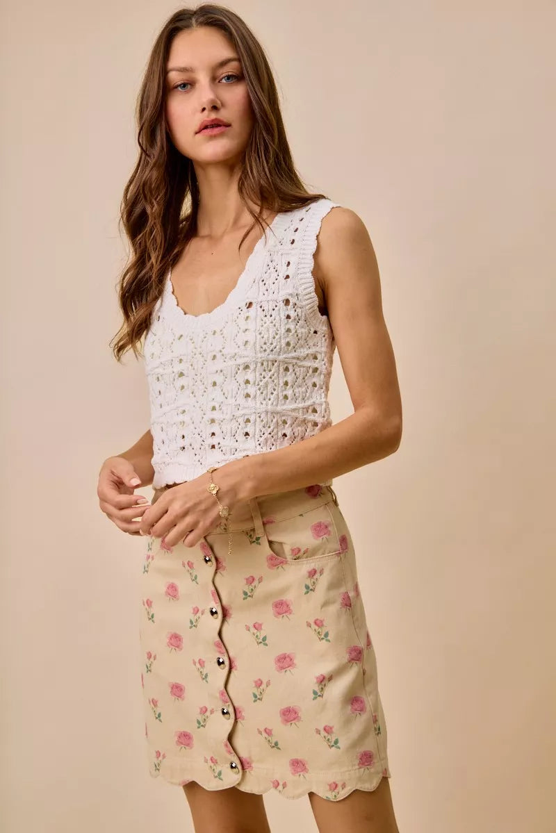 TEEK - Floral Rose Print Cotton Twill Scallop Mini Skirt SKIRT TEEK Trend