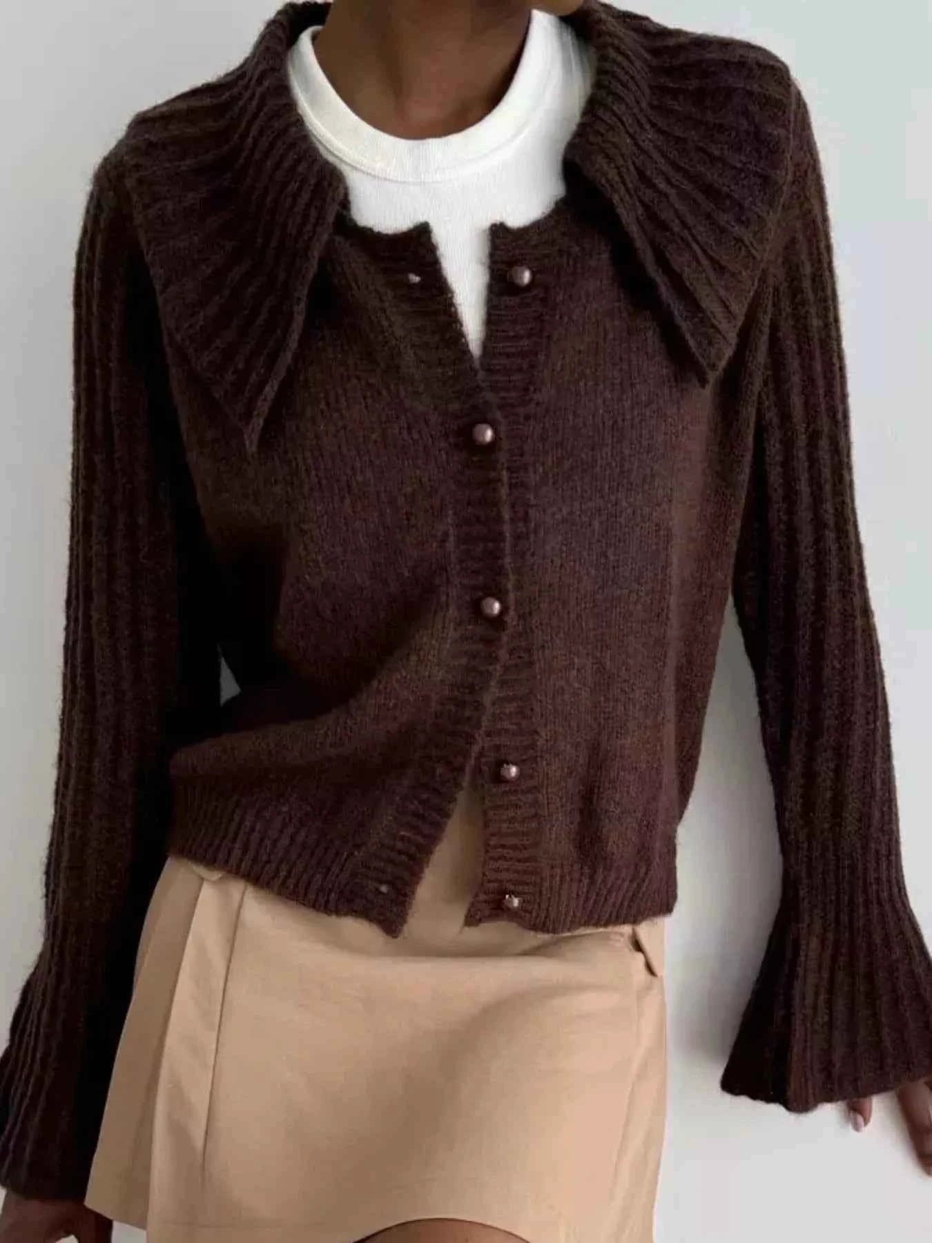 Button Up Flare Sleeve Cardigan Trendsi Chocolate S