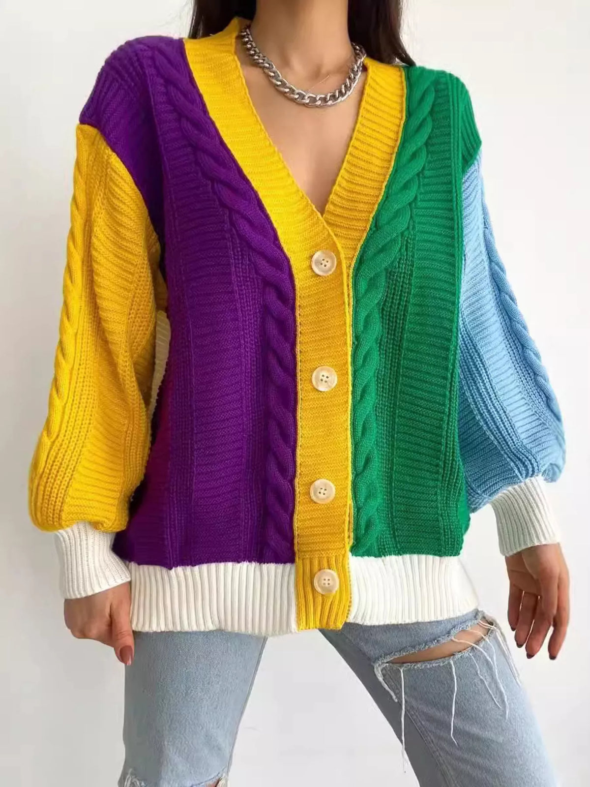 Color Block Button Down Cable-Knit Cardigan Trendsi