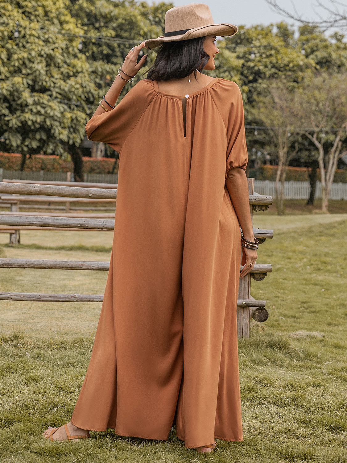 TEEK - Caramel Scoop Neck Half Sleeve Wide Leg Jumpsuit JUMPSUIT TEEK Trend   