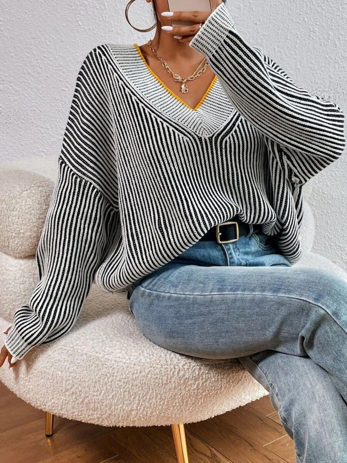 TEEK - Striped V-Neck Long Sleeve Sweater TOPS TEEK Trend