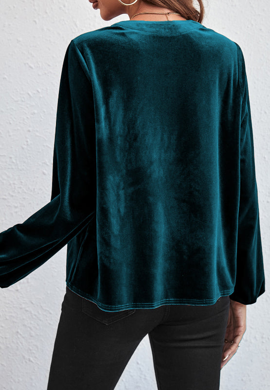 Notched Long Sleeve Velvet Top TEEK Trend