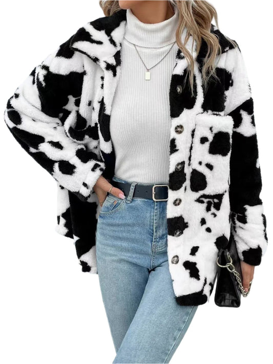 TEEK - Cow Print Collared Neck Button Up Fuzzy Jacket JACKET TEEK Trend White S