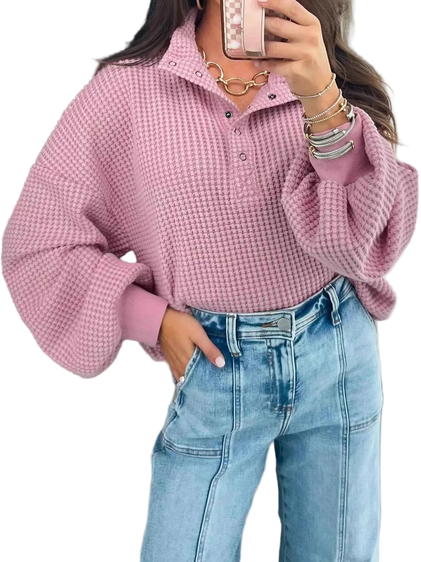 Textured Snap Button Collared Baggy Top Trendsi