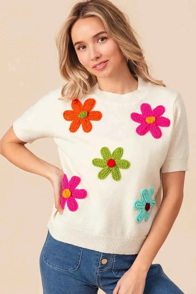 TEEK - Crochet Flower Patch Sweater Top TOPS TEEK Trend