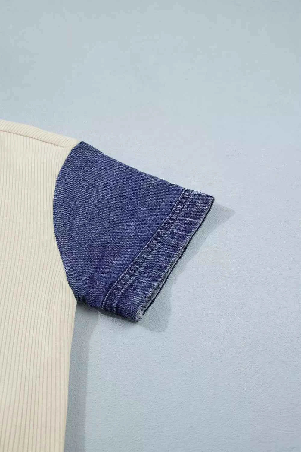 Ribbed Knit Button-Down Shirt with Denim Sleeves Trendsi