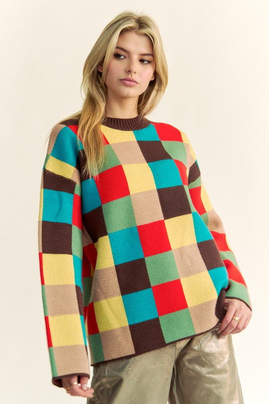 TEEK - Brown Multi Color Block Checkered Dropped Shoulder Sweater TOPS TEEK Trend
