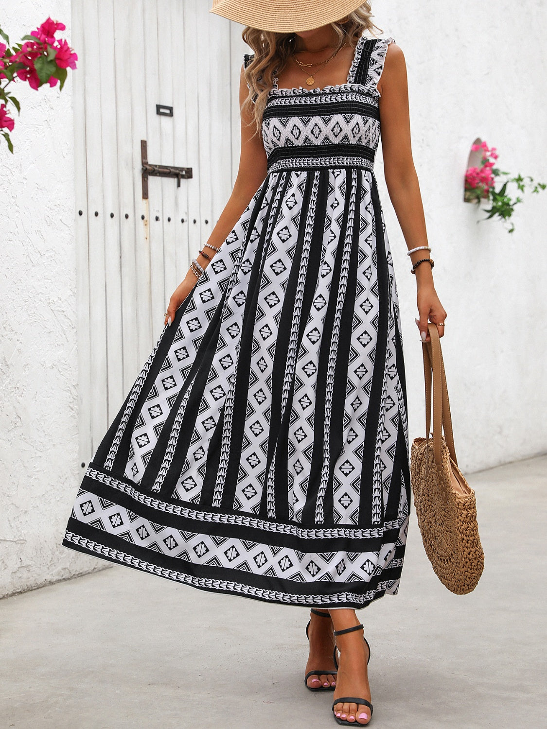 TEEK - Black Printed Square Neck Wide Strap Dress DRESS TEEK Trend   