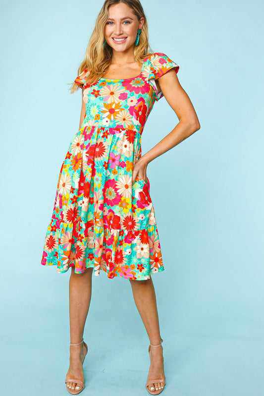TEEK - Floral Fuchsia Mint Square Neck Short Sleeve Dress DRESS TEEK Trend S  