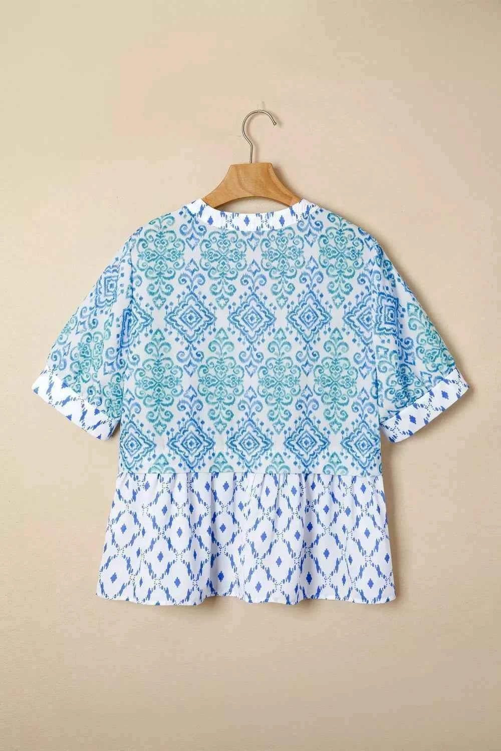 Floral Geometric Patchwork Short Puff Sleeve Babydoll Blouse Trendsi