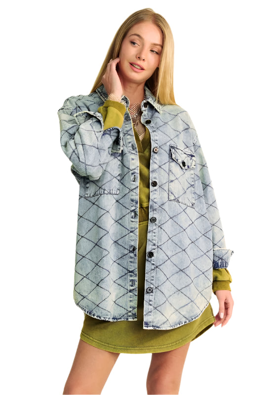 TEEK - Curved Hem Diamond Quilted Button Up Denim Shacket JACKET TEEK Trend S