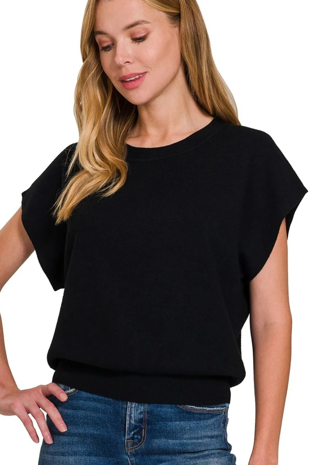 TEEK - Black Zenana Round Neck Short Dolman Sleeve Sweater TOPS TEEK Trend S