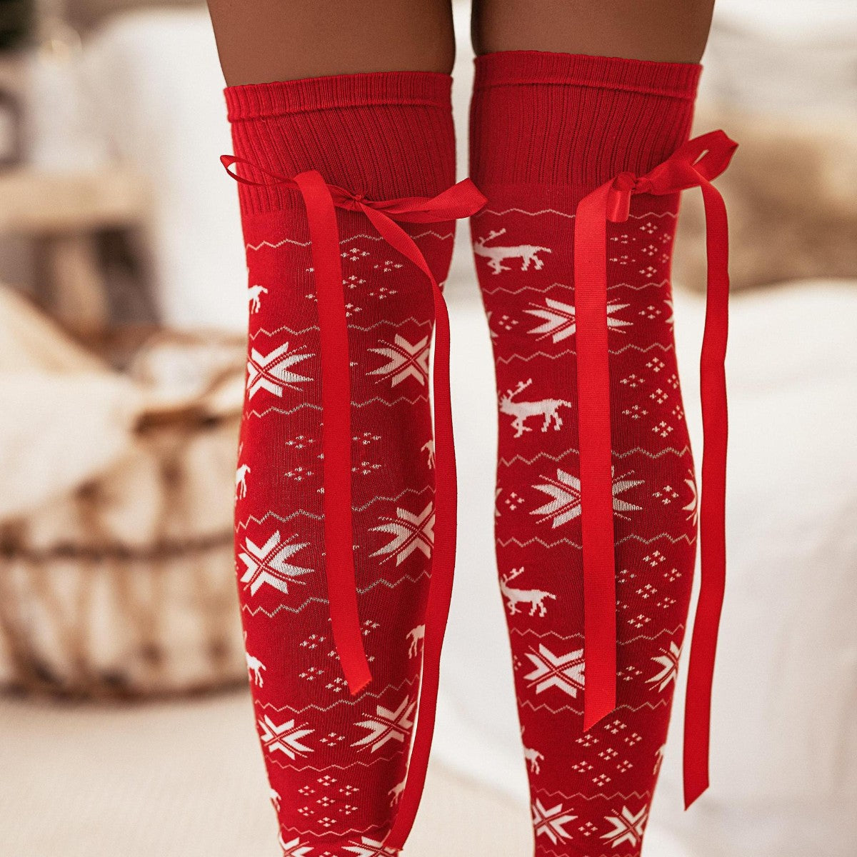 TEEK - Christmas Element Bowknot Ribbed Trim Over Knee Stockings SOCKS TEEK Trend