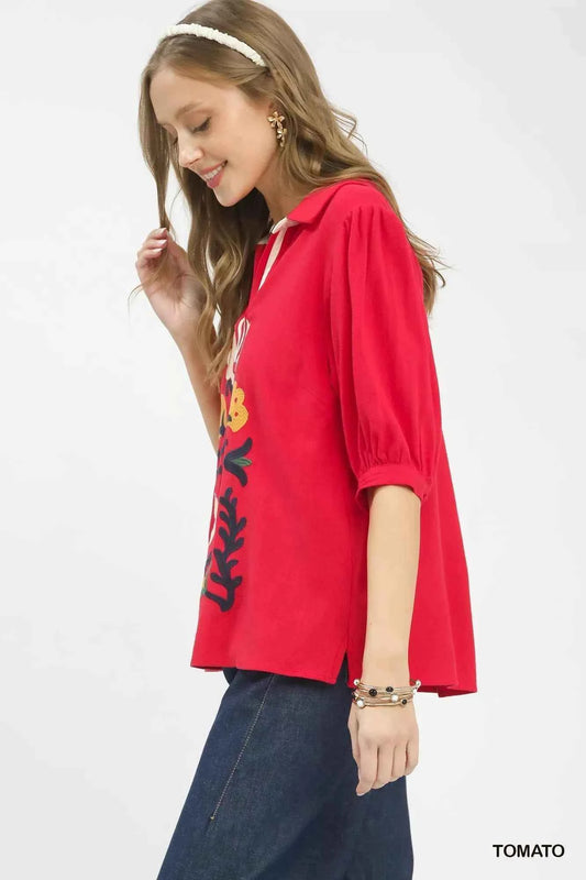 TEEK - Mixed Media V-Neck Print Blouse TOPS TEEK Trend