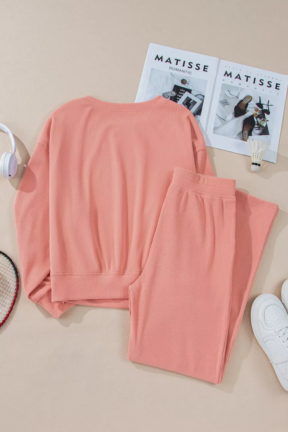 Ribbed Round Neck Top and Pants Set Trendsi