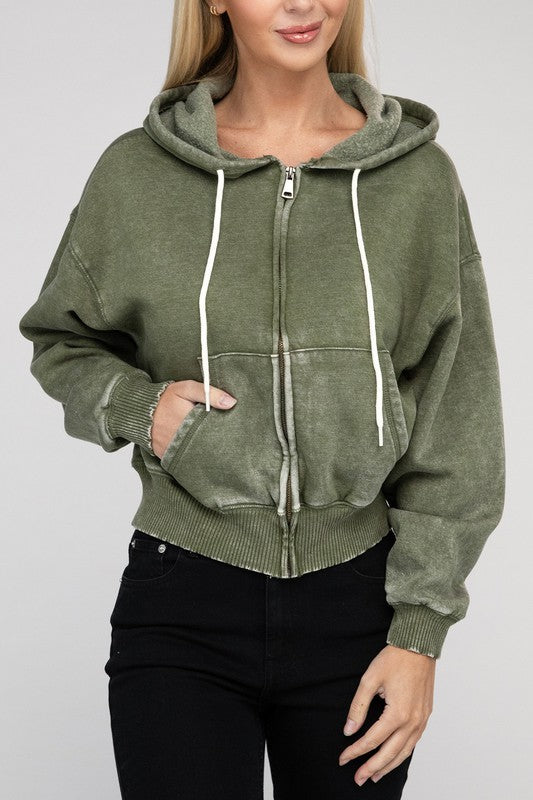 TEEK - Acid Wash Fleece Cropped Zip-Up Hoodie JACKET TEEK FG   