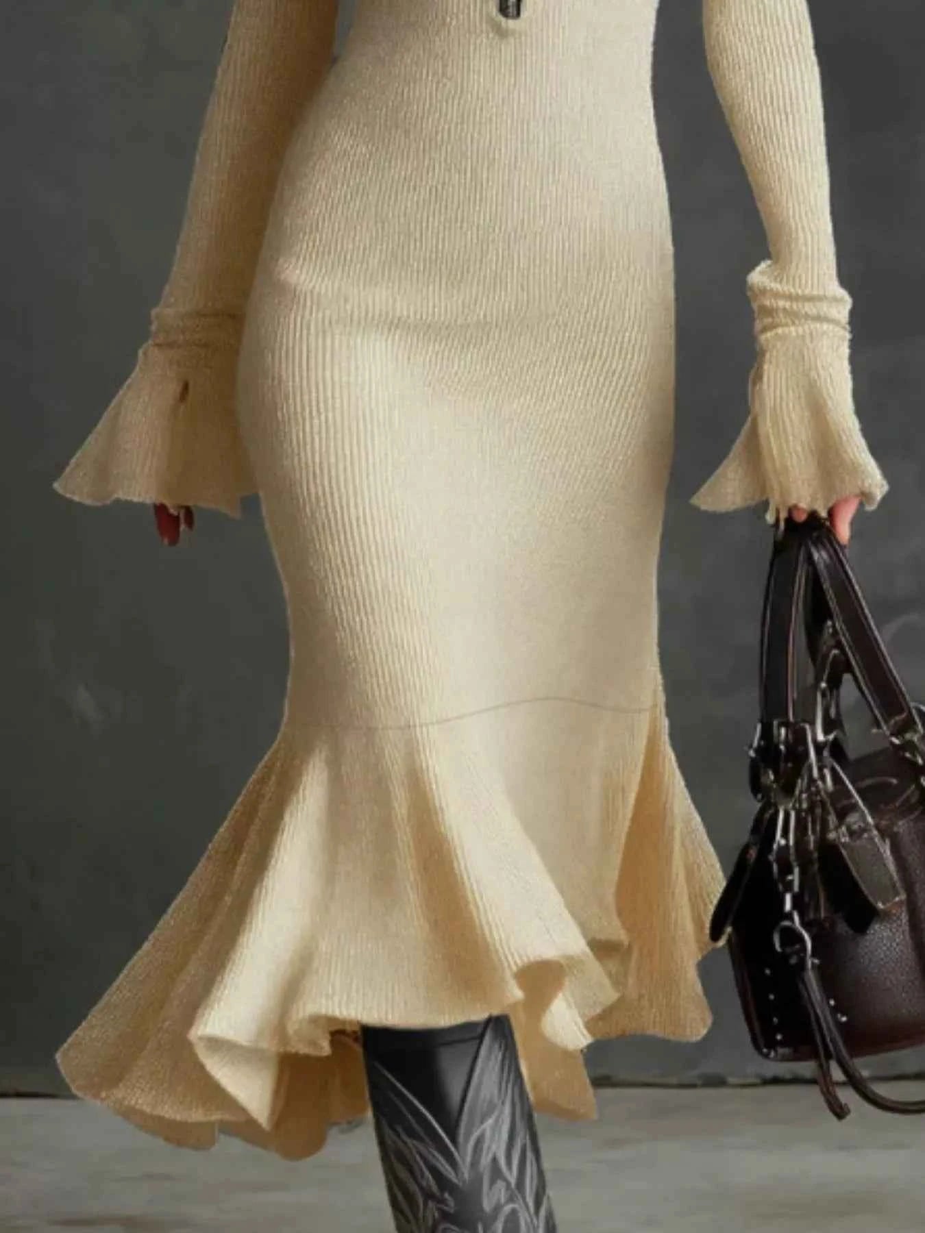 TEEK - Ribbed Knit Zip Front Flare Hem Midi Dress Trendsi